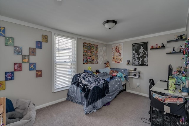 bedroom featuring light colored carpet