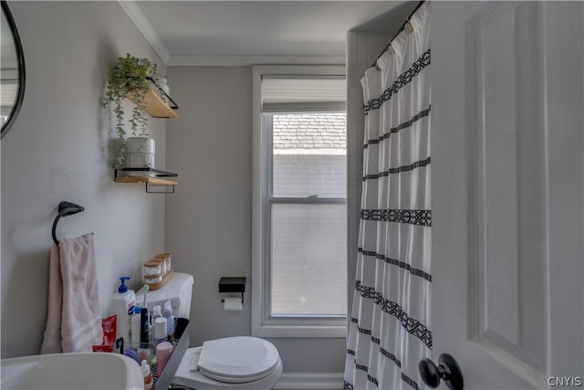 bathroom featuring crown molding and toilet