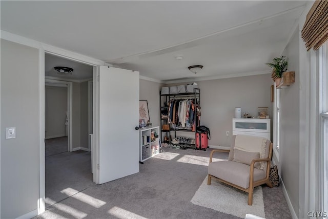 living area featuring ornamental molding and light carpet