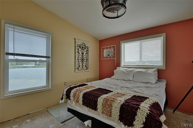 bedroom with lofted ceiling