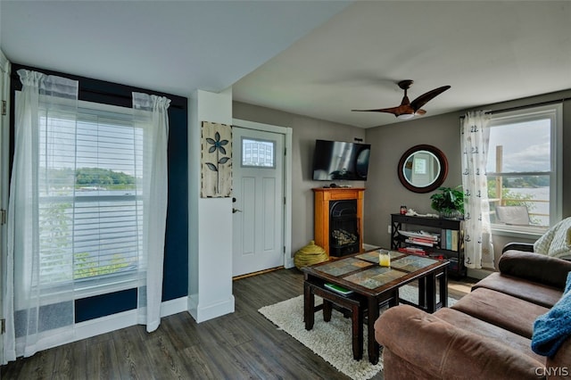 living room featuring ceiling fan, dark hardwood / wood-style flooring, and a wealth of natural light