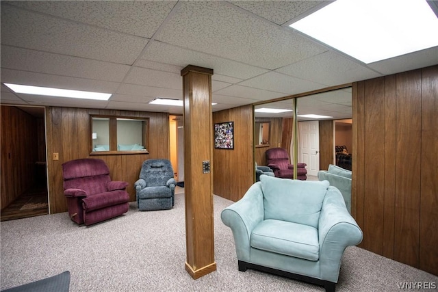 finished basement with wood walls and carpet flooring