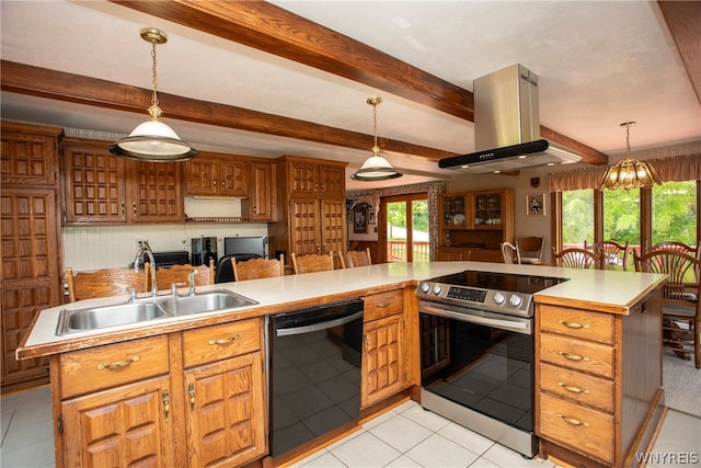 kitchen with sink, a kitchen island, stainless steel electric range oven, black dishwasher, and island range hood