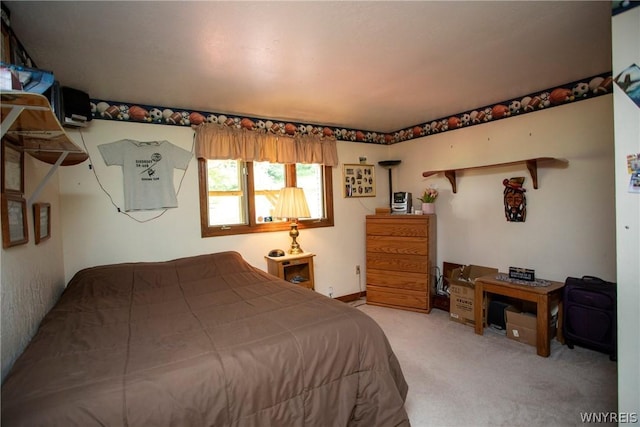 bedroom with light carpet