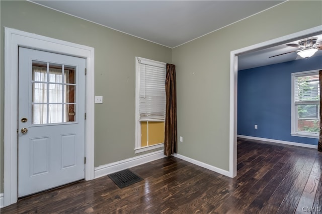 entrance foyer with ceiling fan and hardwood / wood-style floors