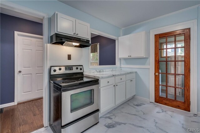 kitchen with white cabinetry, stainless steel electric stove, and light hardwood / wood-style floors