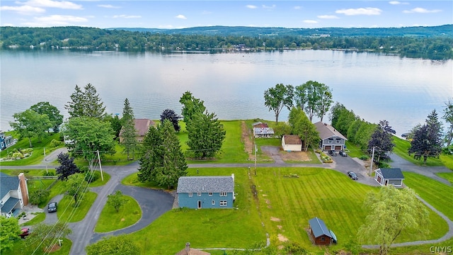 drone / aerial view with a water view