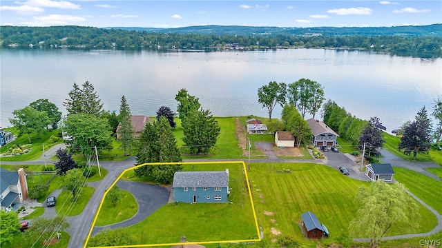 aerial view featuring a water view