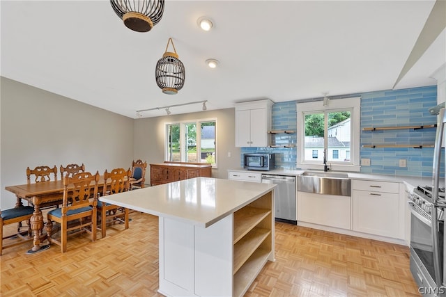 kitchen featuring light parquet flooring, plenty of natural light, and stainless steel appliances