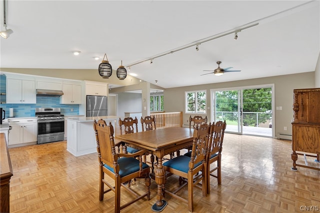 dining space featuring lofted ceiling, light parquet flooring, a baseboard heating unit, and track lighting