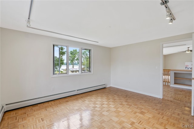 unfurnished room featuring ceiling fan, a baseboard heating unit, lofted ceiling, and light parquet floors