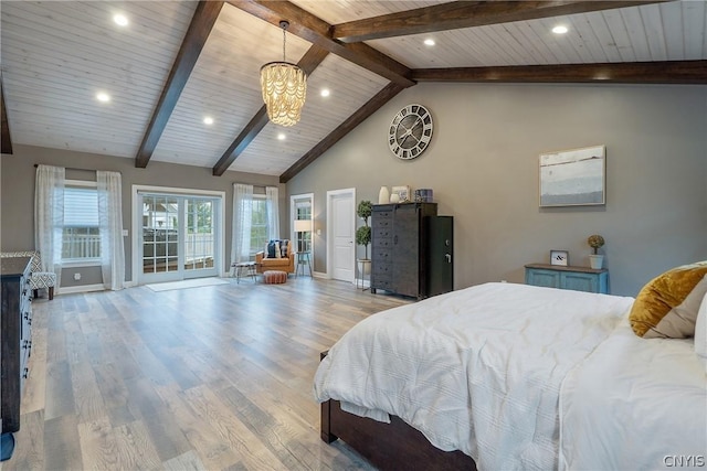 bedroom featuring wood ceiling, high vaulted ceiling, light hardwood / wood-style flooring, a notable chandelier, and beam ceiling