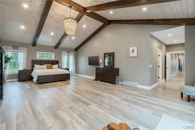 bedroom with wood ceiling, light hardwood / wood-style flooring, high vaulted ceiling, a chandelier, and beamed ceiling