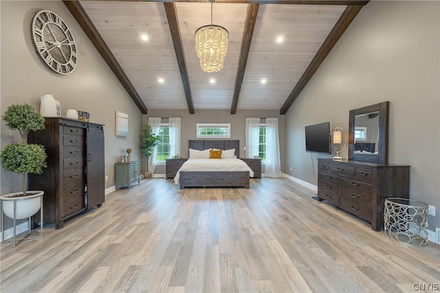 bedroom featuring beam ceiling, high vaulted ceiling, wood ceiling, and light wood-type flooring