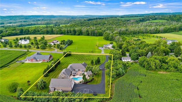 birds eye view of property with a rural view