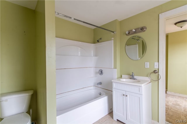 full bathroom featuring vanity, shower / bath combination, tile patterned flooring, and toilet