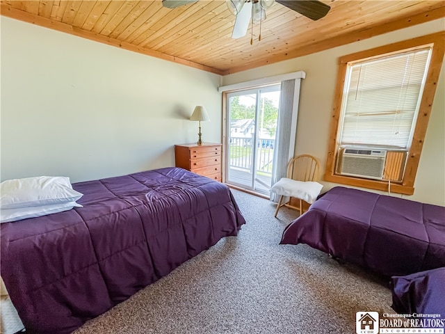 carpeted bedroom with wood ceiling, cooling unit, ceiling fan, and access to exterior