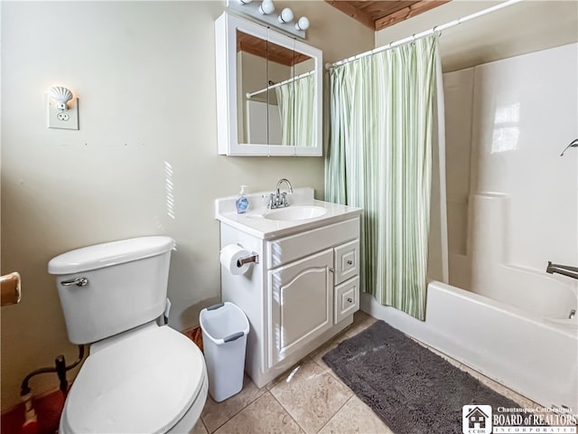 full bathroom featuring shower / bath combination with curtain, tile patterned floors, vanity, and toilet