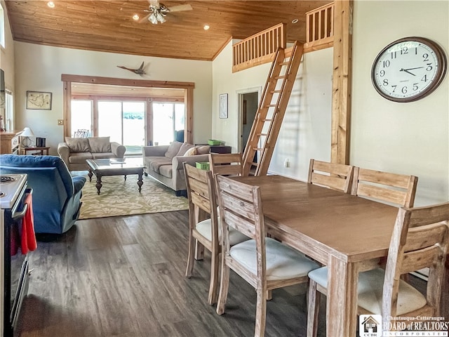 dining room featuring ceiling fan, dark hardwood / wood-style flooring, high vaulted ceiling, and wooden ceiling