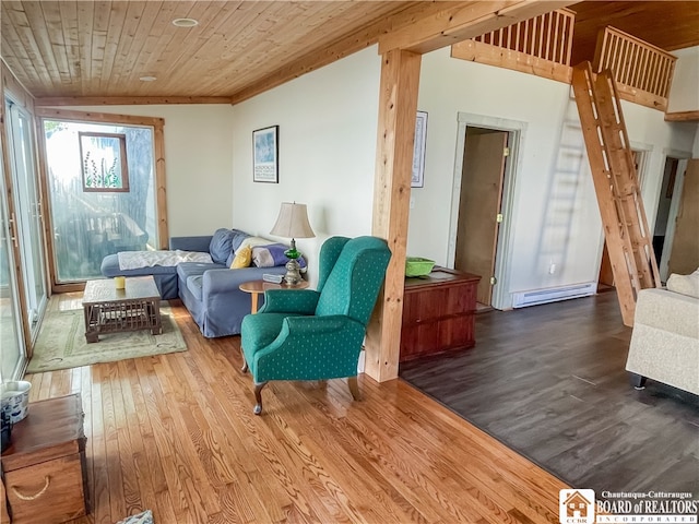 living area featuring lofted ceiling, wooden ceiling, and hardwood / wood-style floors