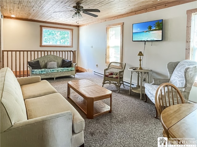 carpeted living room with wooden ceiling, a baseboard heating unit, and ceiling fan