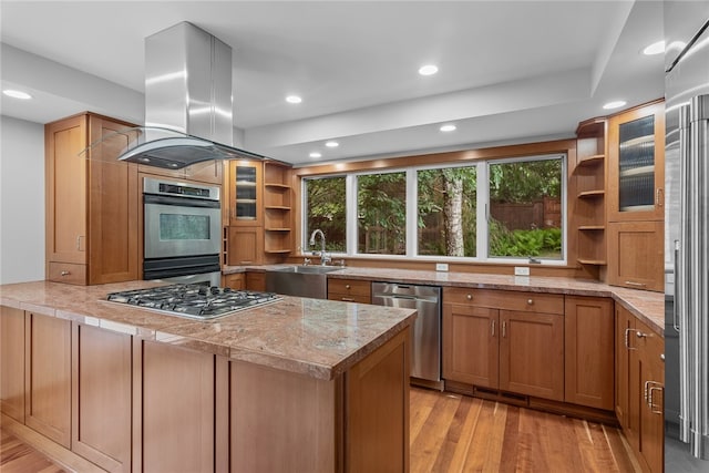 kitchen with island range hood, stainless steel appliances, light wood-type flooring, and sink