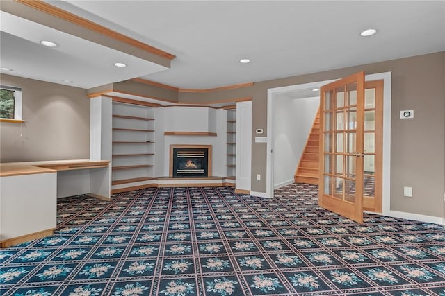 94 Overlook Dr, Andes, NY 13731 - unfurnished living room featuring baseboards, recessed lighting, stairway, carpet, and a glass covered fireplace
