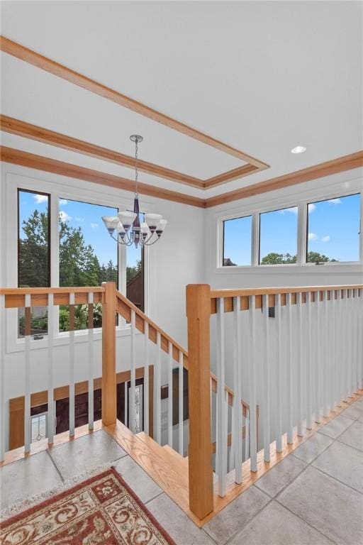 94 Overlook Dr, Andes, NY 13731 - staircase featuring a chandelier, tile patterned flooring, and a tray ceiling