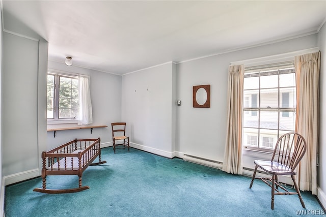 living area featuring carpet floors, baseboard heating, and ornamental molding