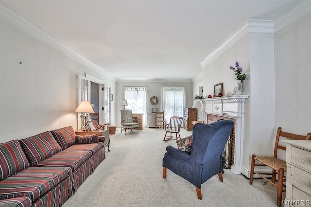 living room with light carpet and ornamental molding