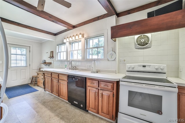 kitchen with tasteful backsplash, light tile patterned floors, white electric range, black dishwasher, and sink