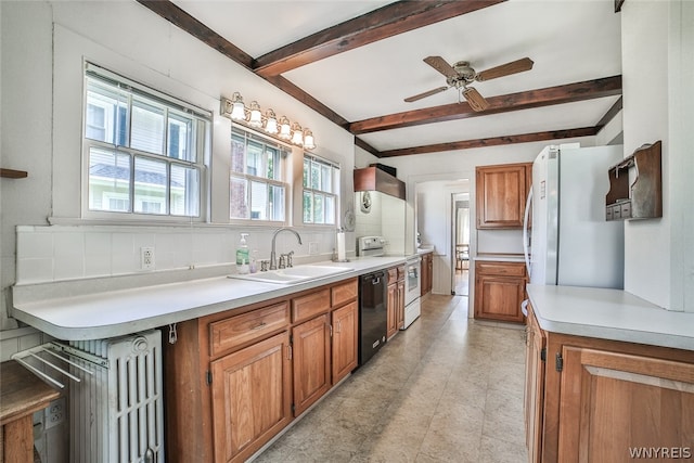 kitchen featuring beamed ceiling, sink, backsplash, white fridge, and ceiling fan