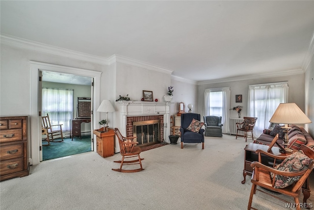 carpeted living room with a brick fireplace, a wealth of natural light, and ornamental molding