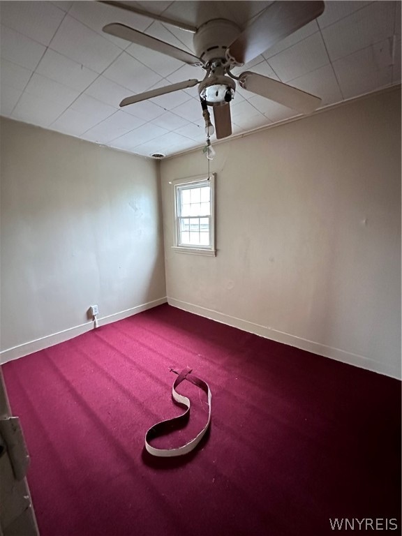 unfurnished room featuring a drop ceiling, carpet, and ceiling fan