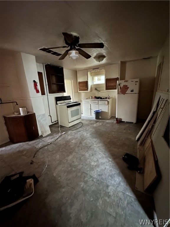 kitchen with white cabinets, ceiling fan, and white appliances