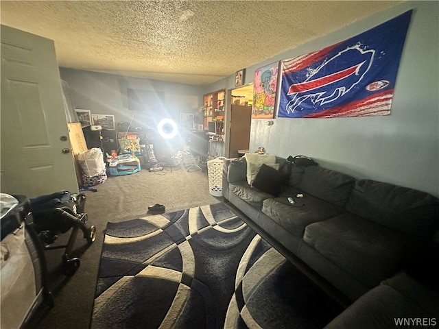 living room featuring carpet and a textured ceiling