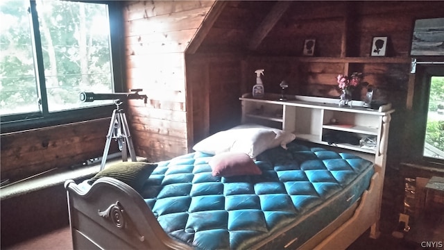 bedroom with wooden walls and multiple windows