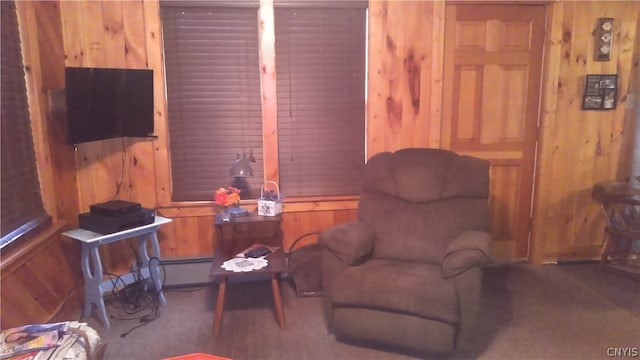 living area featuring wooden walls and carpet