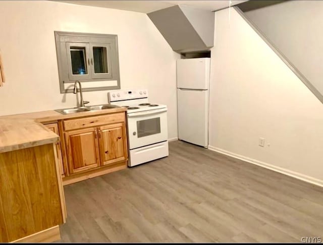 kitchen with hardwood / wood-style flooring, white appliances, and sink