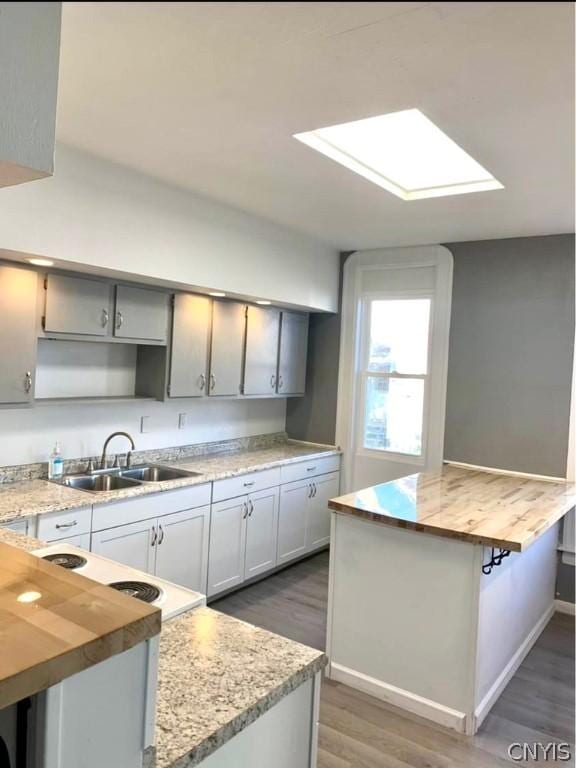 kitchen with sink, dark hardwood / wood-style floors, a skylight, and wooden counters