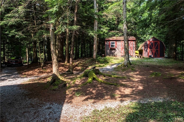 view of yard featuring a storage shed