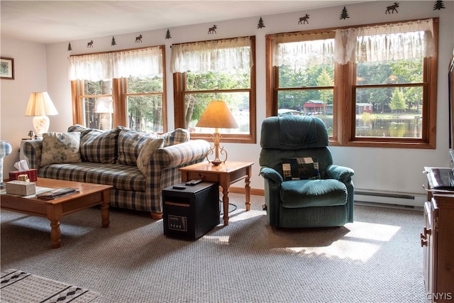 carpeted living room featuring a baseboard radiator and plenty of natural light