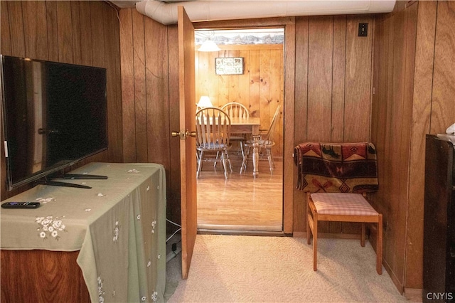 interior space featuring wood walls and carpet flooring