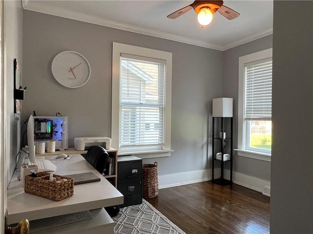 office featuring dark wood finished floors, baseboards, ceiling fan, and ornamental molding