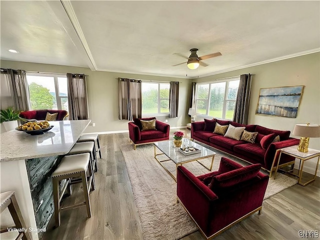 living room with hardwood / wood-style flooring, a wealth of natural light, ornamental molding, and ceiling fan