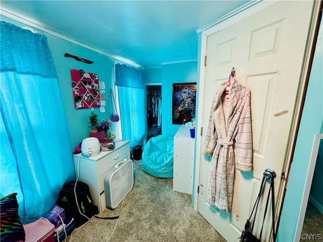 bedroom featuring ornamental molding and light colored carpet