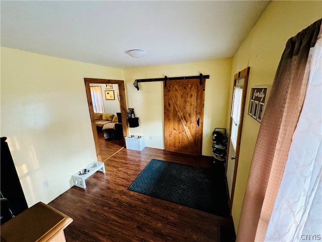 interior space featuring hardwood / wood-style floors and a barn door