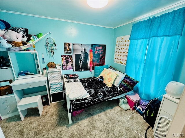 carpeted bedroom featuring ornamental molding