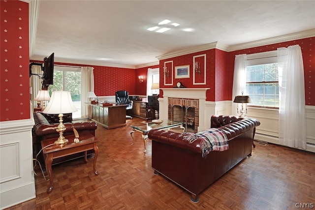 living room featuring a fireplace, crown molding, and parquet floors