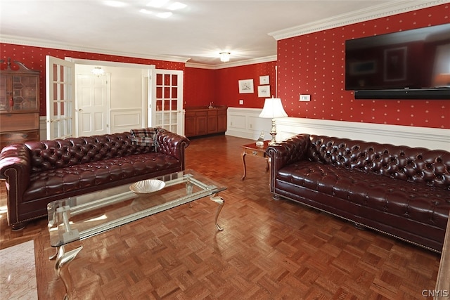 living room with parquet floors and crown molding